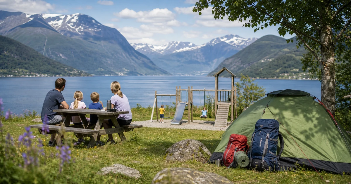Familie på norgesferie ved fjord med telt og lekeplass